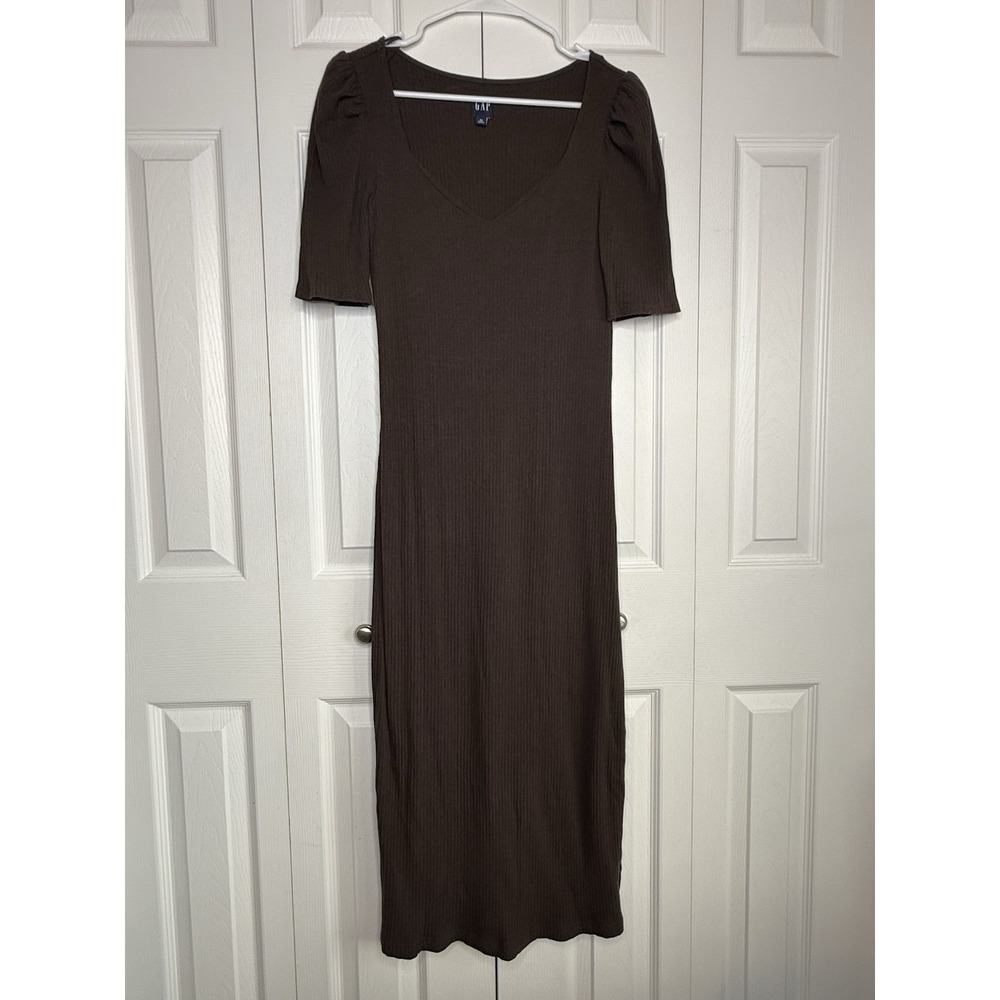Gap Dress Retro Bombshell Sweetheart Neckline Maxi Ribbed Knit Mocha Brown Sz M